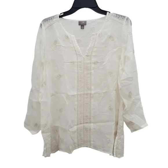 J. Jill Petite Ivory Cream Lightweight Embroidered Boho Semi Sheer Kurta Top M - Picture 1 of 9